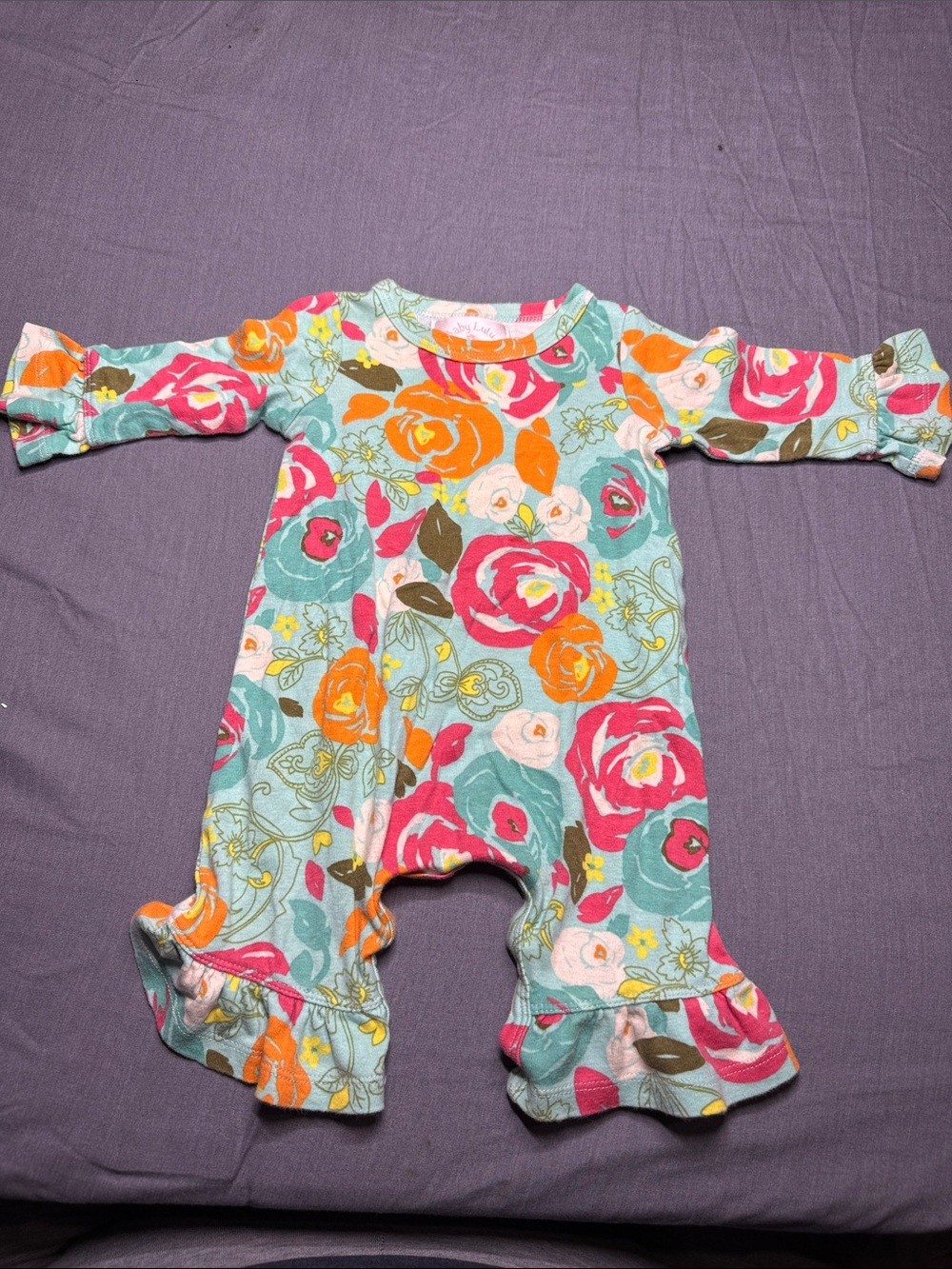 Baby Lulu Aqua Floral Ruffle One-Piece with Pink & Orange Blooms